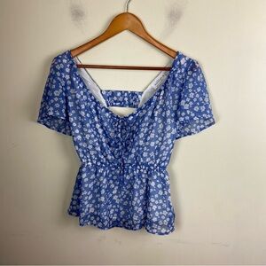 Kaileigh Sky Blue White Floral Keyhole Back Flutter Sleeve Blouse Top XSP Petite